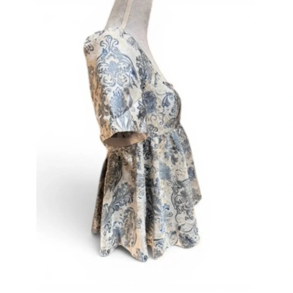 Free People Top Womens S Blue Eloise‎ Jacquard Peplum Blouse Square Neck Brocade